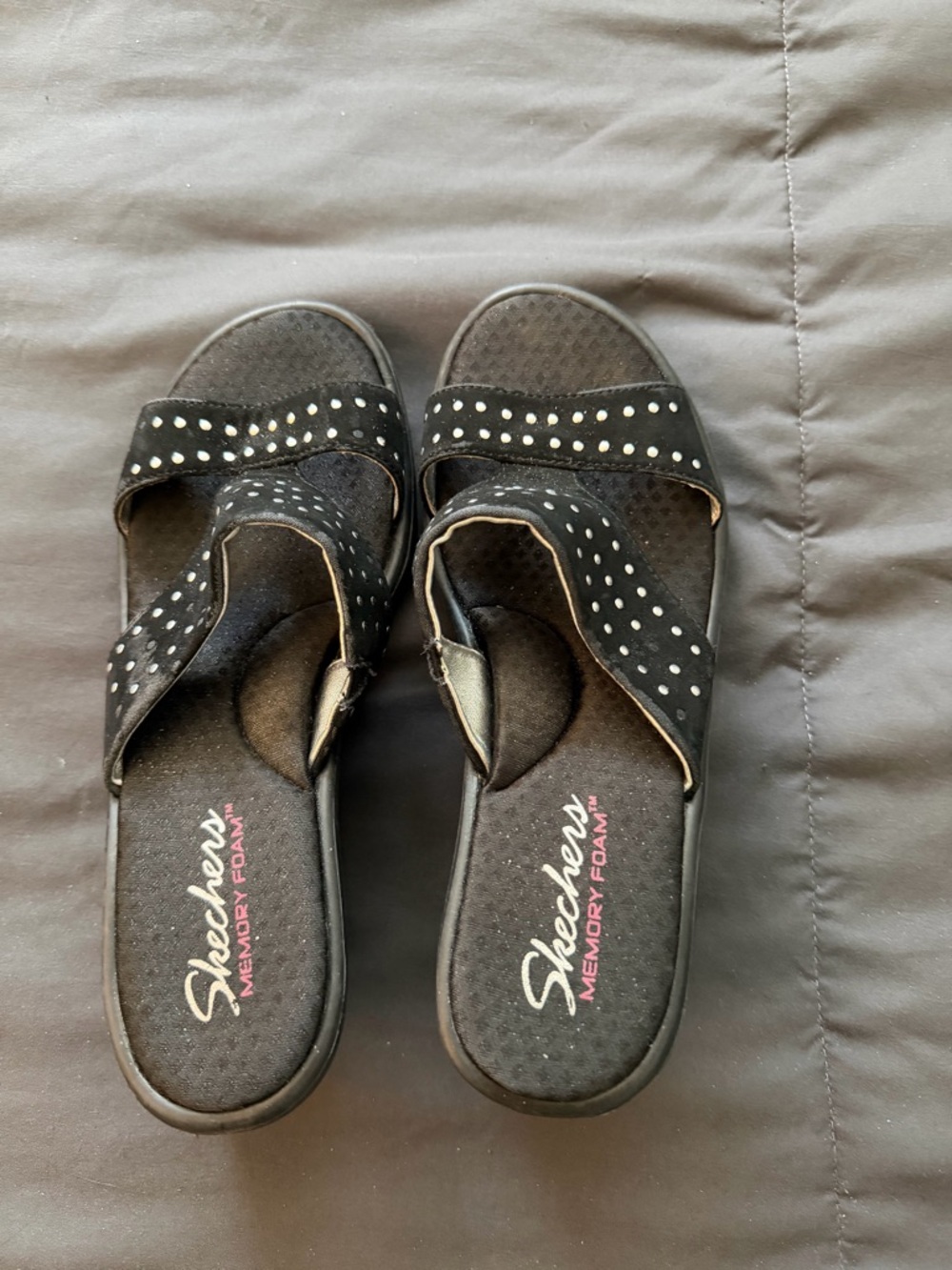 Skechers Women’s Black Slide Sandals with Silver Stud Accents